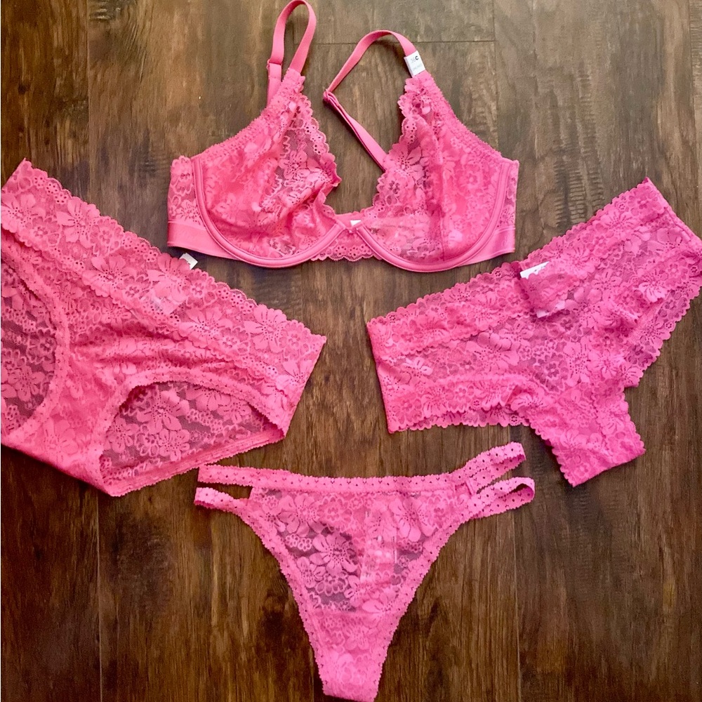 PINK Victoria's Secret Bright Pink Lace Bra Set, NWT!